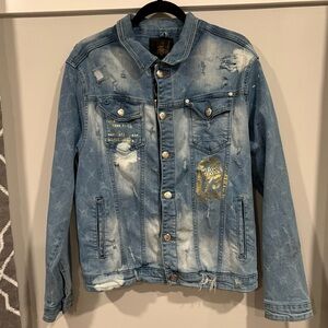 EUC Mario Morato Men Skinny Fit Denim Jacket Blue Button Logo Distressed Metalic